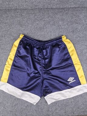 VNTG 90s Umbro Shiny Nylon Soccer Shorts Navy Yellow Mens Large